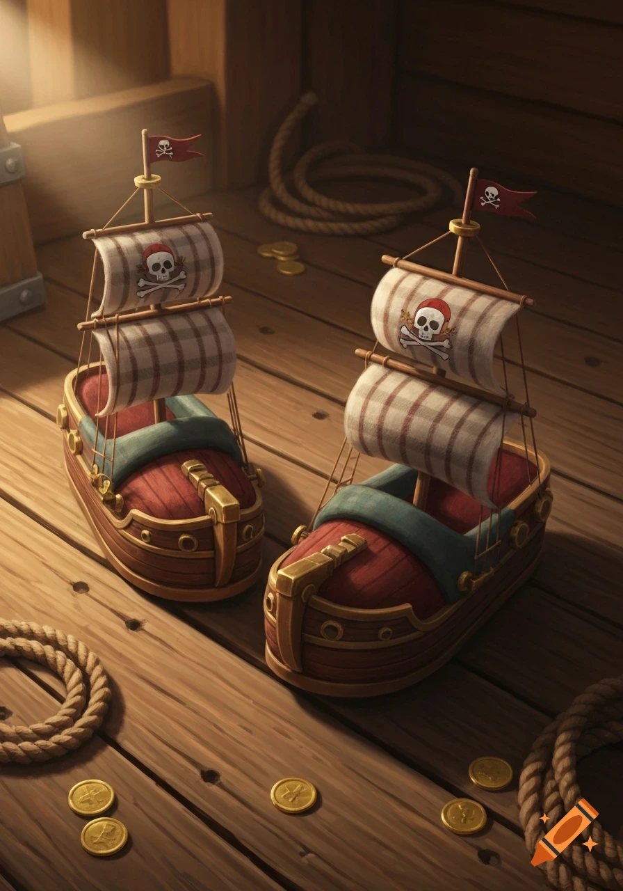 Two stylized pirate ship slippers with skull and crossbones sails sit on a wooden deck with gold coins and ropes.