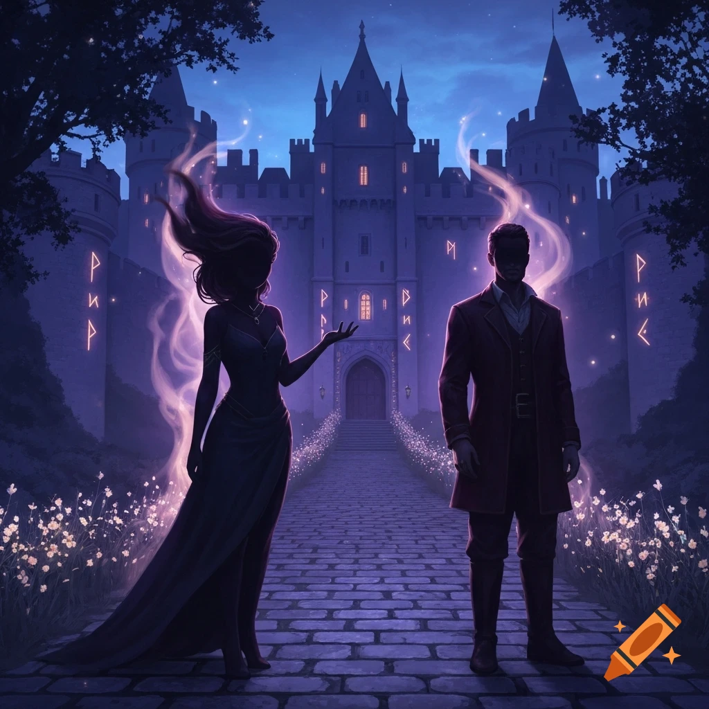 A mystical woman and man in silhouette stand on a path leading to a grand castle at night, surrounded by glowing magical symbols and sparkling flowers.