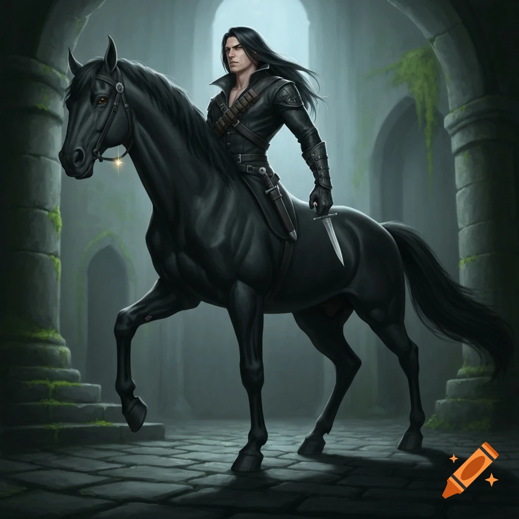 A dark-haired man in black leather armor with a dagger rides a black horse through ancient, moss-covered ruins. Fantasy art style.