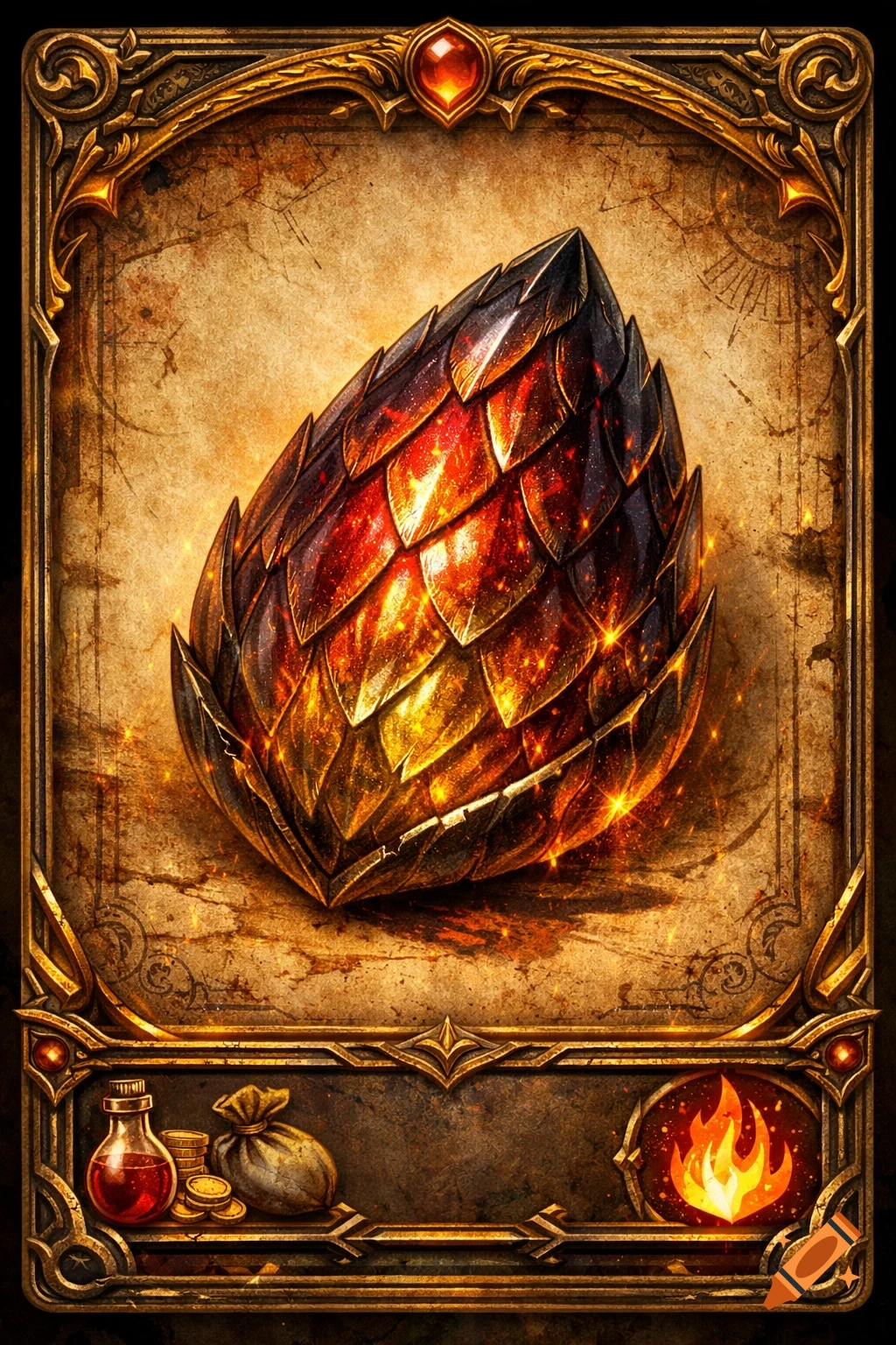 A fantasy game card featuring a shimmering, fiery dragon scale on aged parchment with an ornate golden frame, a potion, coins, and a fire symbol.