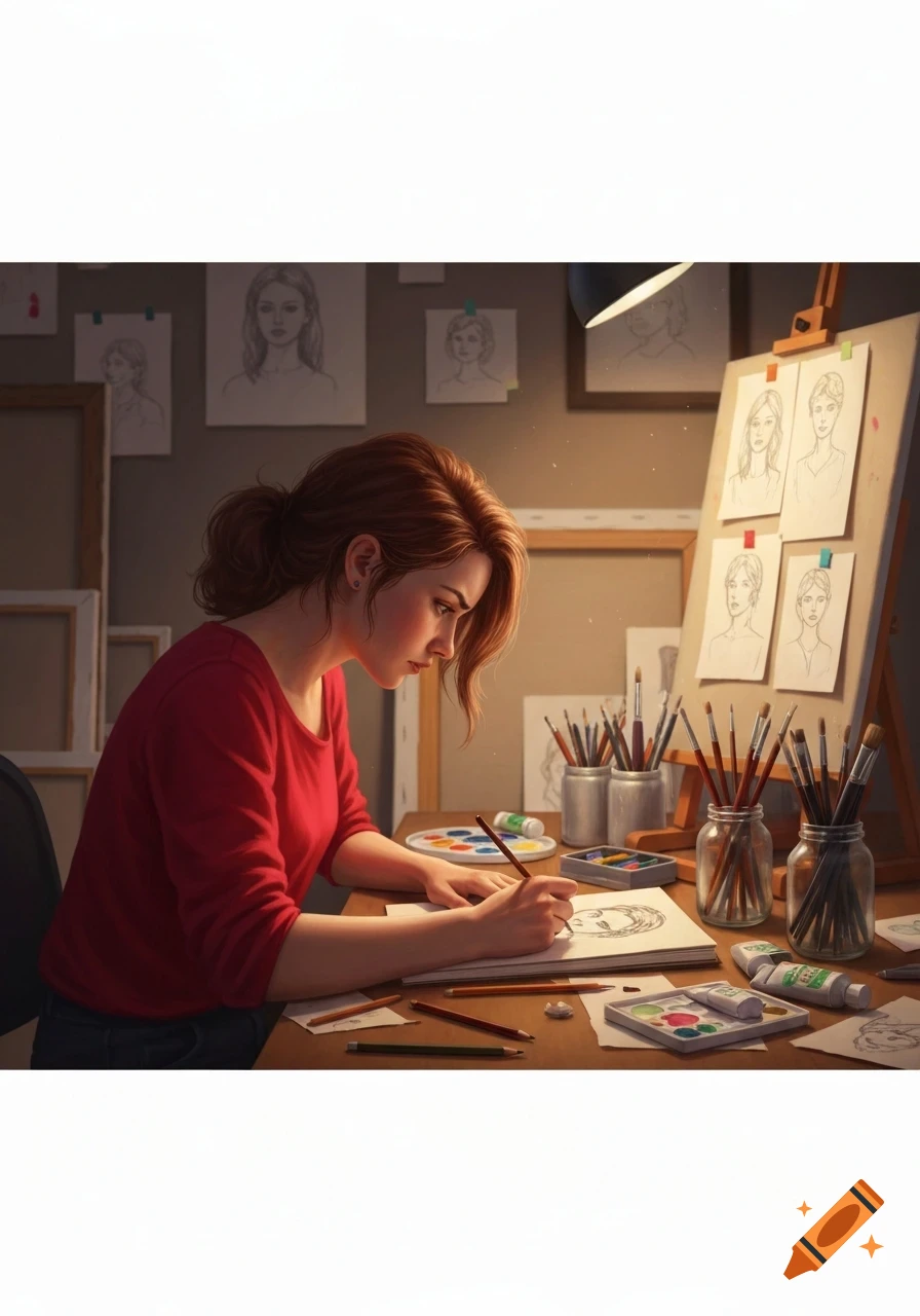 A young woman with red hair intently draws a portrait at a cluttered art desk filled with sketches and supplies, illuminated by warm light.