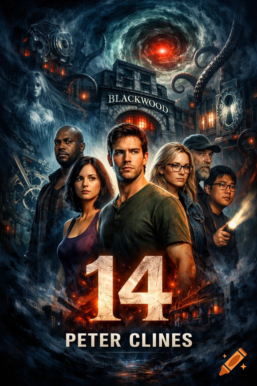A dark movie poster for "14" by Peter Clines, featuring five characters in the foreground and a swirling, ominous sky, tentacles, and a building labeled "BLACKWOOD" in the background.