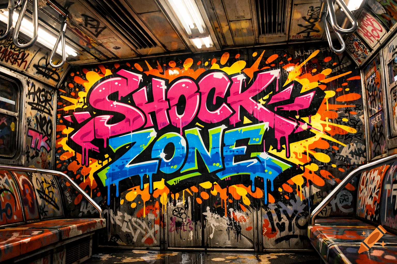 Vibrant 'Shock Zone' wildstyle graffiti covers the interior of an 80s NYC subway car, with colorful drips and tags.
