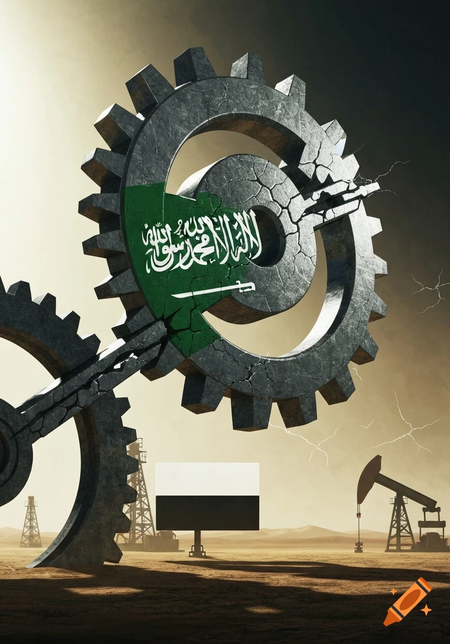 A cracked gear bearing the Saudi Arabian flag in a desert landscape with oil rigs, symbolizing geopolitical tensions.