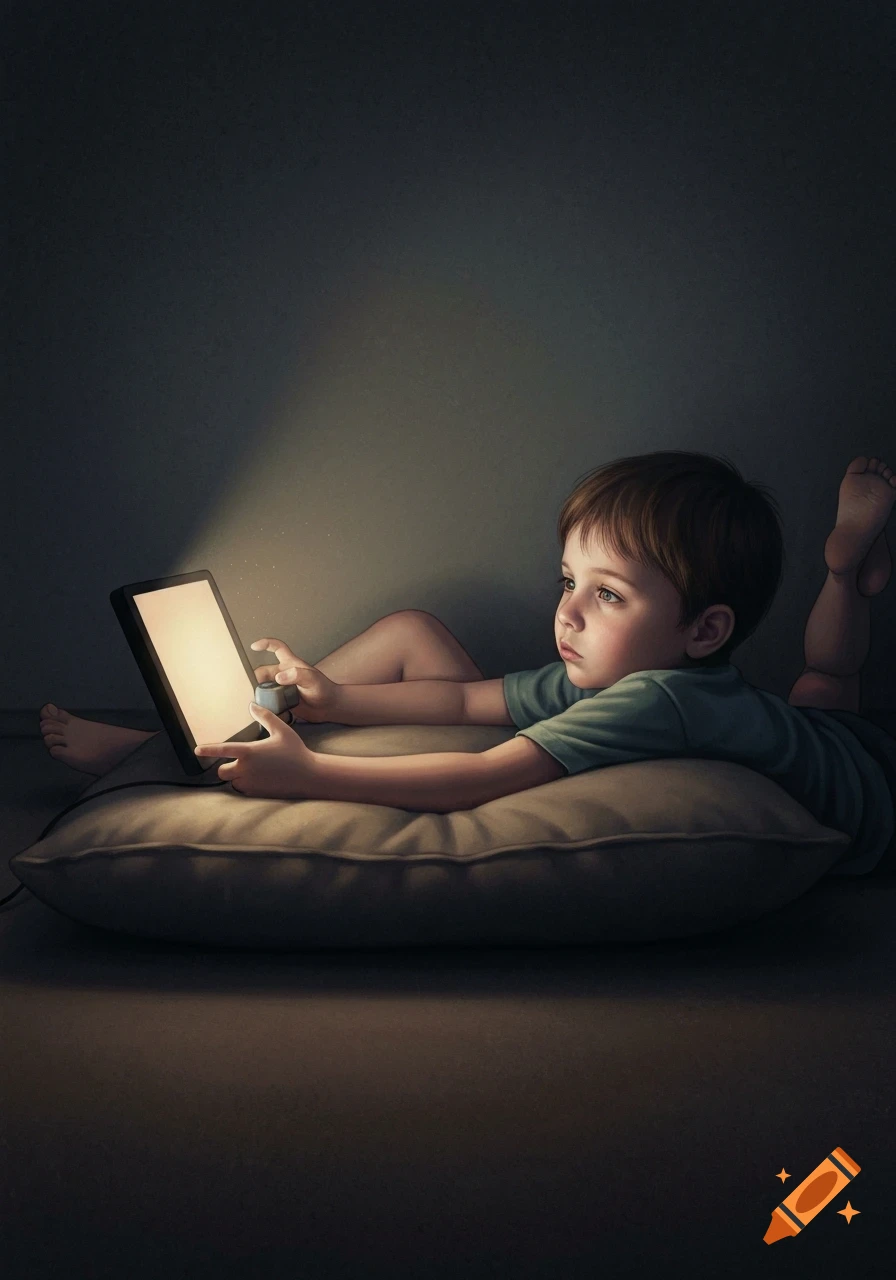 A young child lies on a cushion in a dark room, illuminated by the glowing screen of a tablet they are holding.