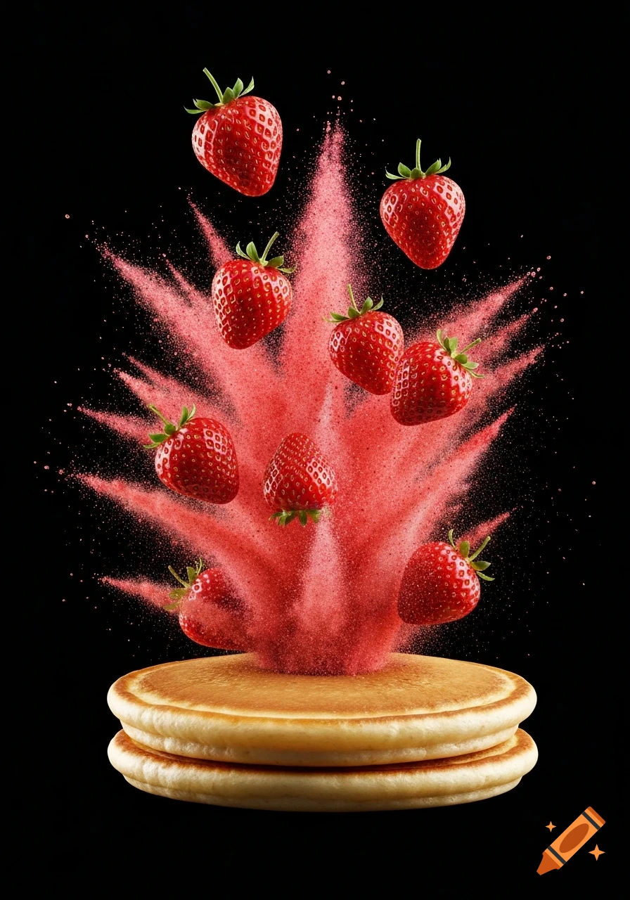 Photorealistic image of strawberries falling into an explosion of red strawberry dust above a stack of pancakes on a black background.