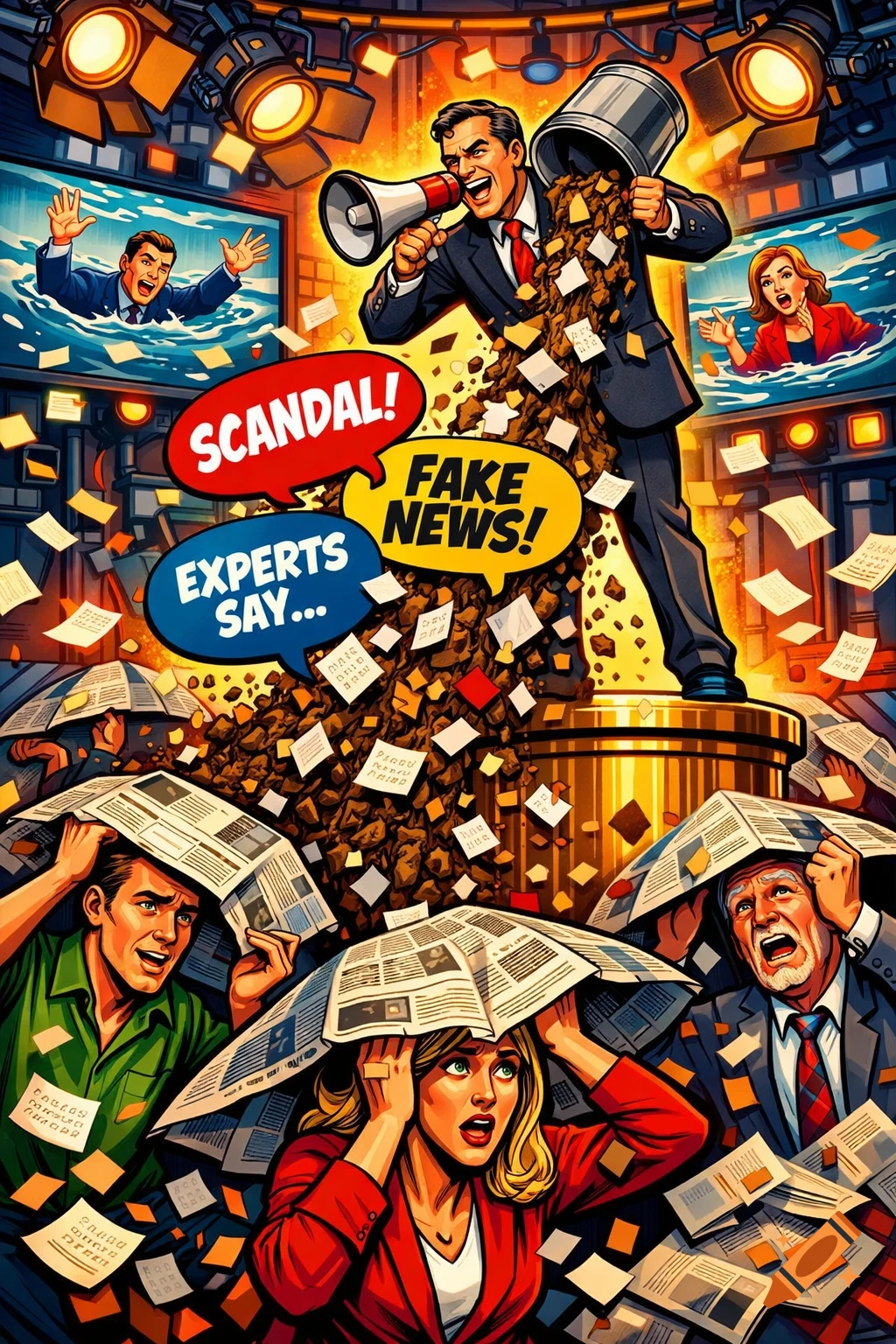 Pop-art political satire: A man on a podium shouts 'Scandal!' and 'Fake News!', spilling dirt on a frantic crowd with newspaper umbrellas in a chaotic TV studio.