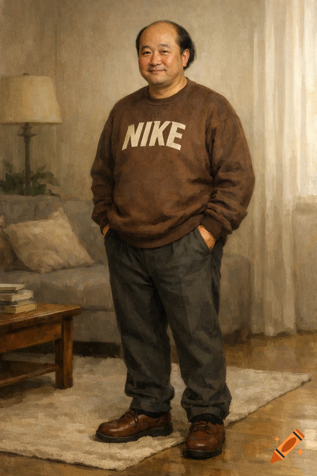 A man with a bald spot wears a brown sweater with "NIKE" on it, gray pants, and brown shoes, standing in a painting-style indoor setting.