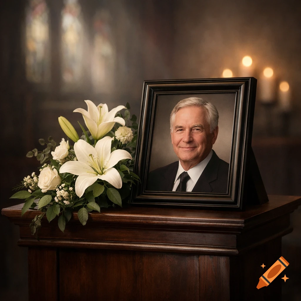 A framed portrait of an older man with white hair and a suit, placed on a dark wooden stand next to a bouquet of white lilies and roses, with a blurred church-like background featuring stained glass windows and candles.