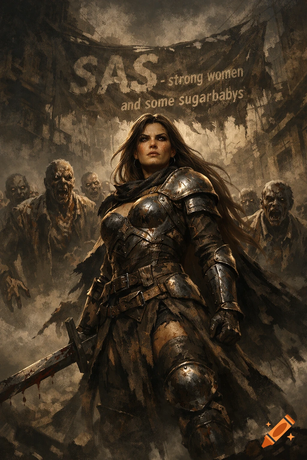 A female warrior in rusted armor with a bloody sword stands before a horde of zombies under a banner in a dark, painterly fantasy style.