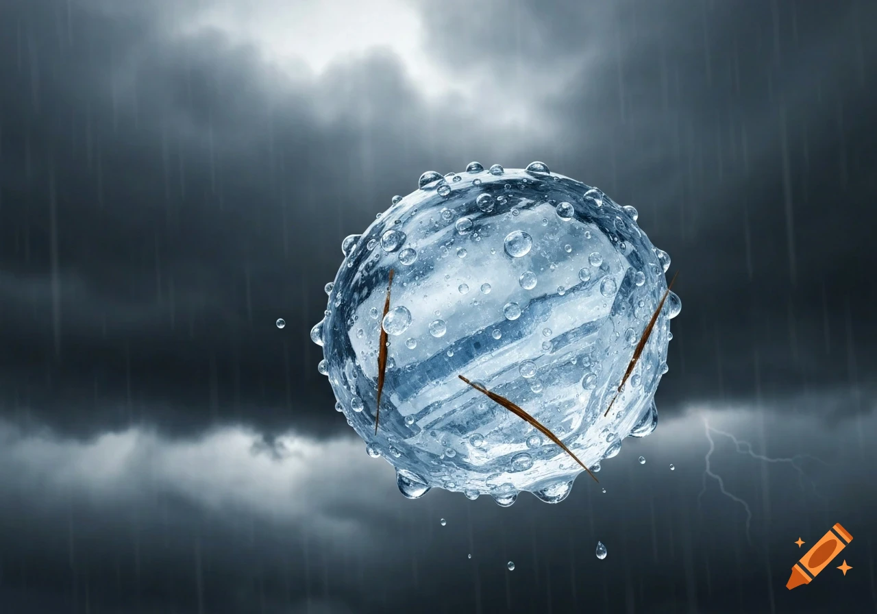 A large, icy hailstone covered in water droplets falls from a dark, stormy, rainy sky with lightning.