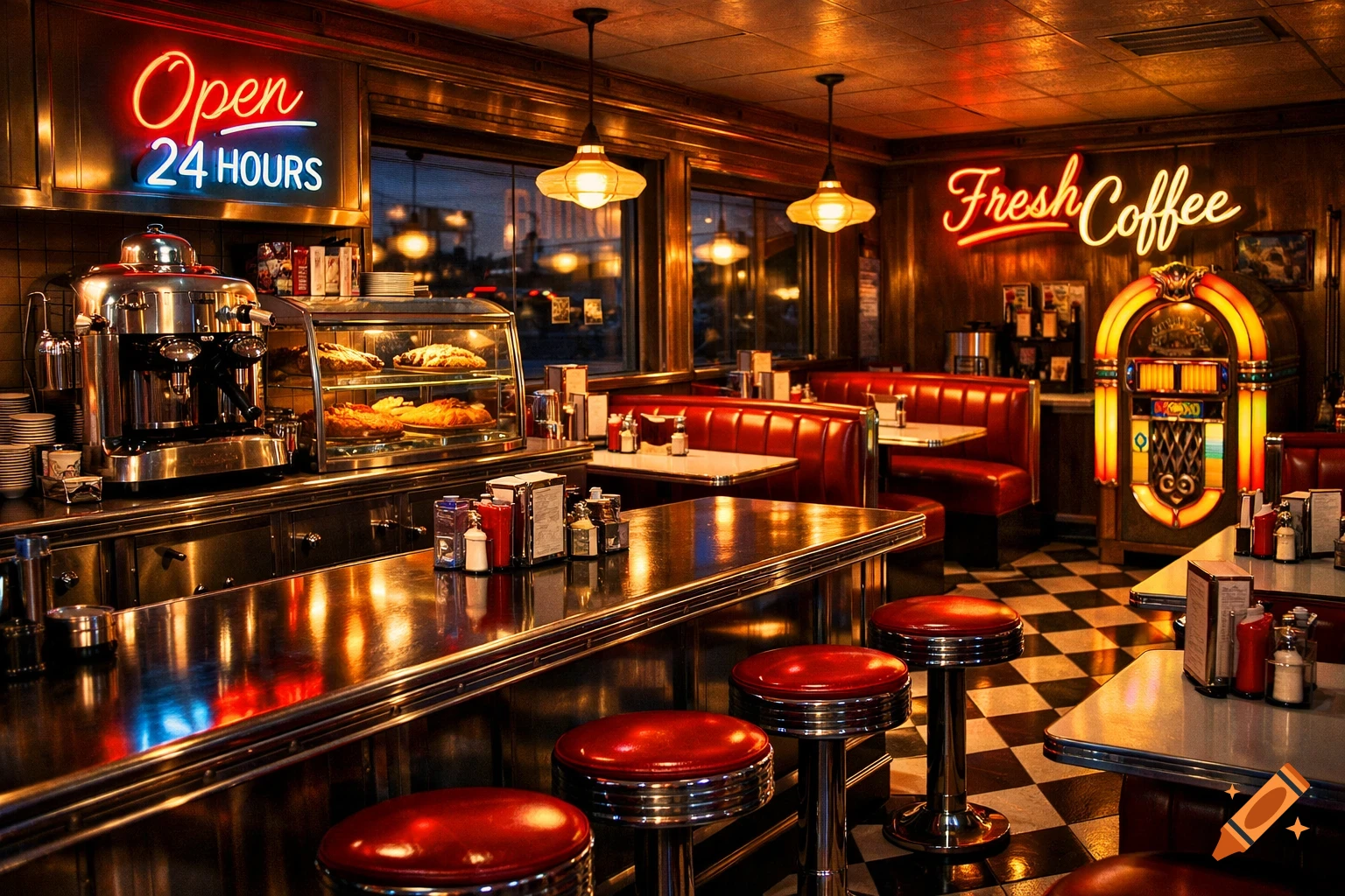 A vibrant 1950s American diner interior with red booths, a chrome counter, neon signs, and a glowing vintage jukebox.