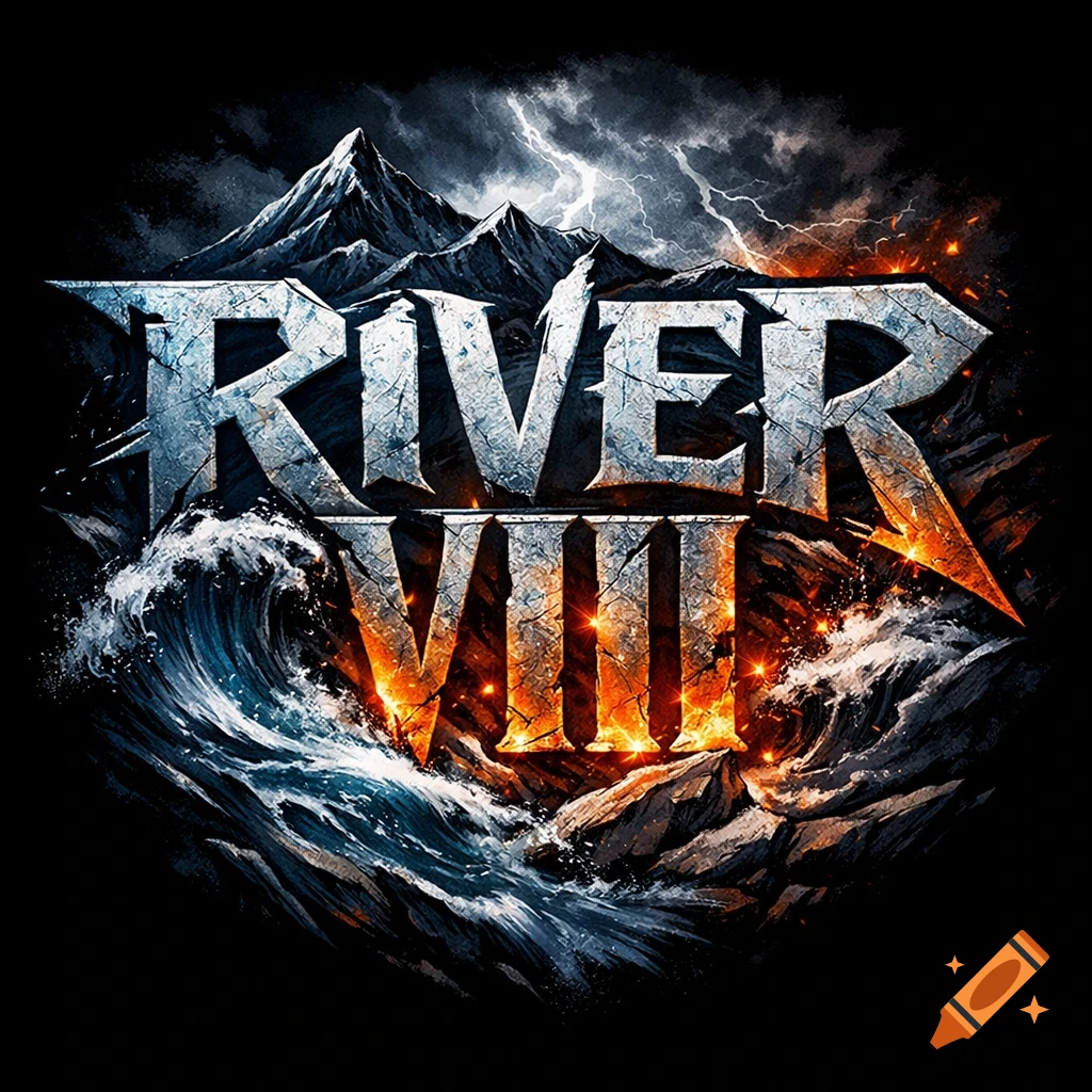 Dramatic rock band logo with 'RIVER VIII' in cracked text, featuring stormy mountains, lightning, waves, and fiery ground.