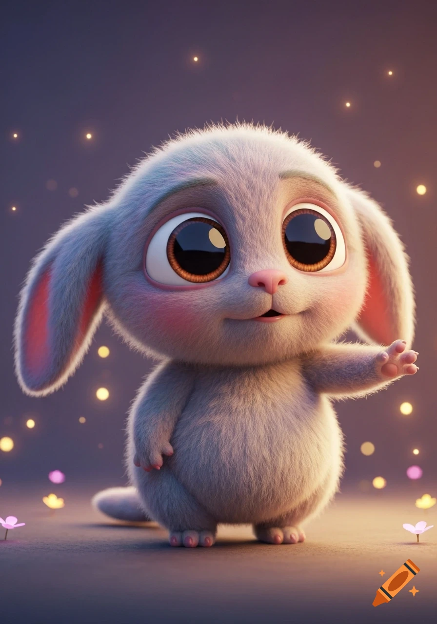 A very cute, fluffy grey creature with big brown eyes and rosy cheeks, standing amidst golden sparkling lights.