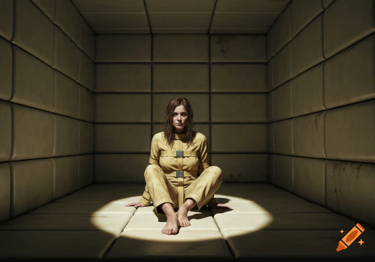 A woman in a worn straitjacket sits barefoot on the floor of a padded room under a spotlight.
