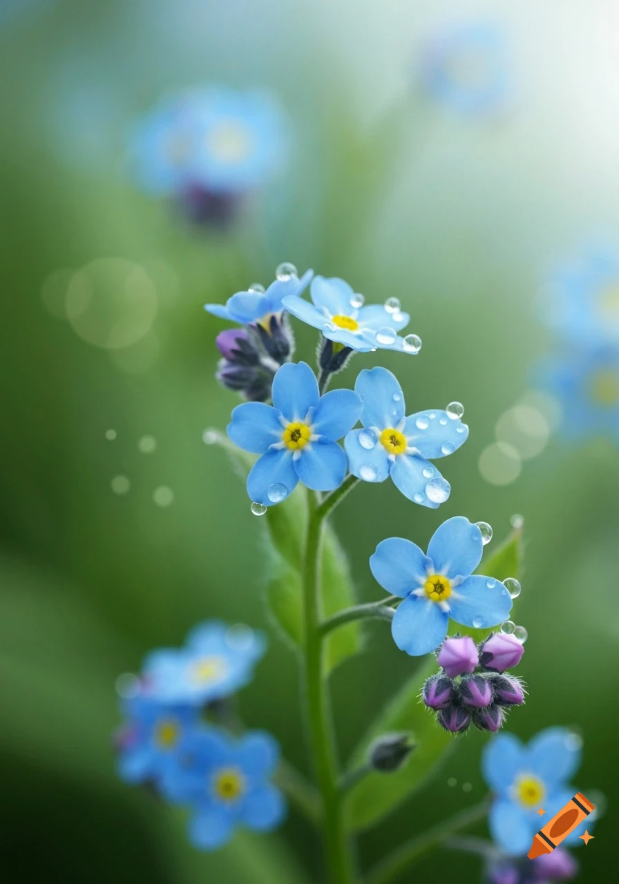 Close-up of vibrant blue forget-me-not flowers with delicate water droplets on petals against a soft green blurred background.