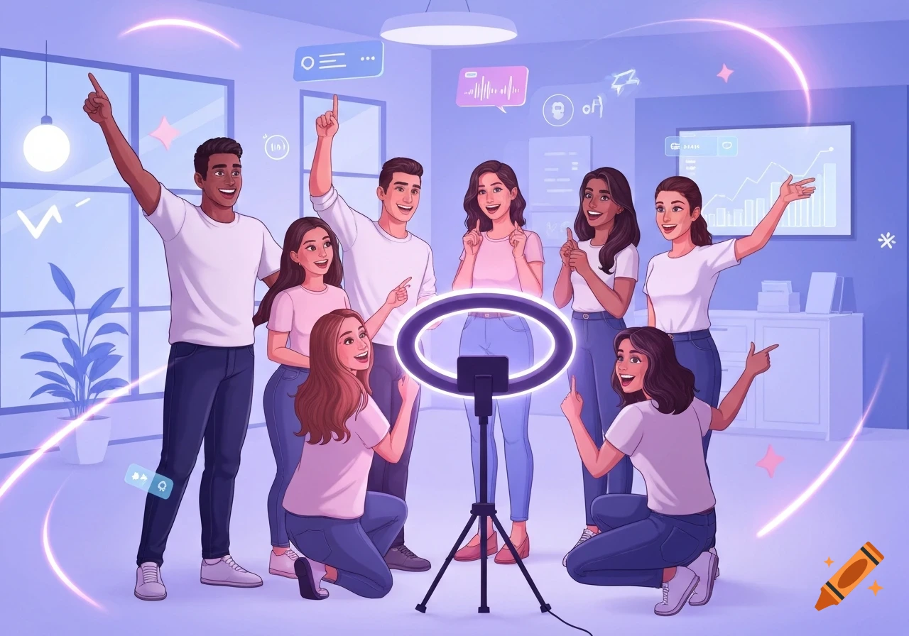 A diverse group of people in a brightly lit room surrounding a ring light, smiling and pointing, in a stylized illustration.