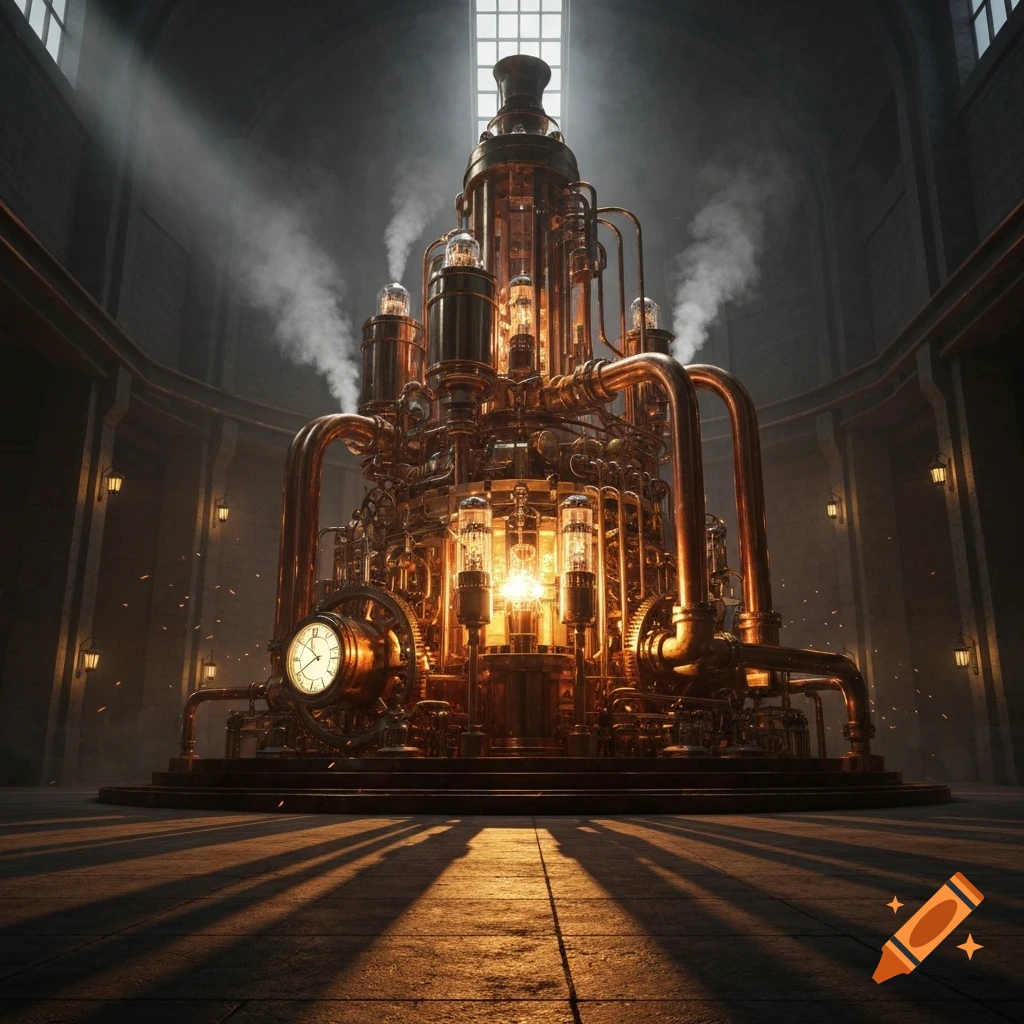 A towering, glowing steampunk clockwork engine with intricate pipes and gears stands in a grand, dimly lit hall, bathed in dramatic light from above.
