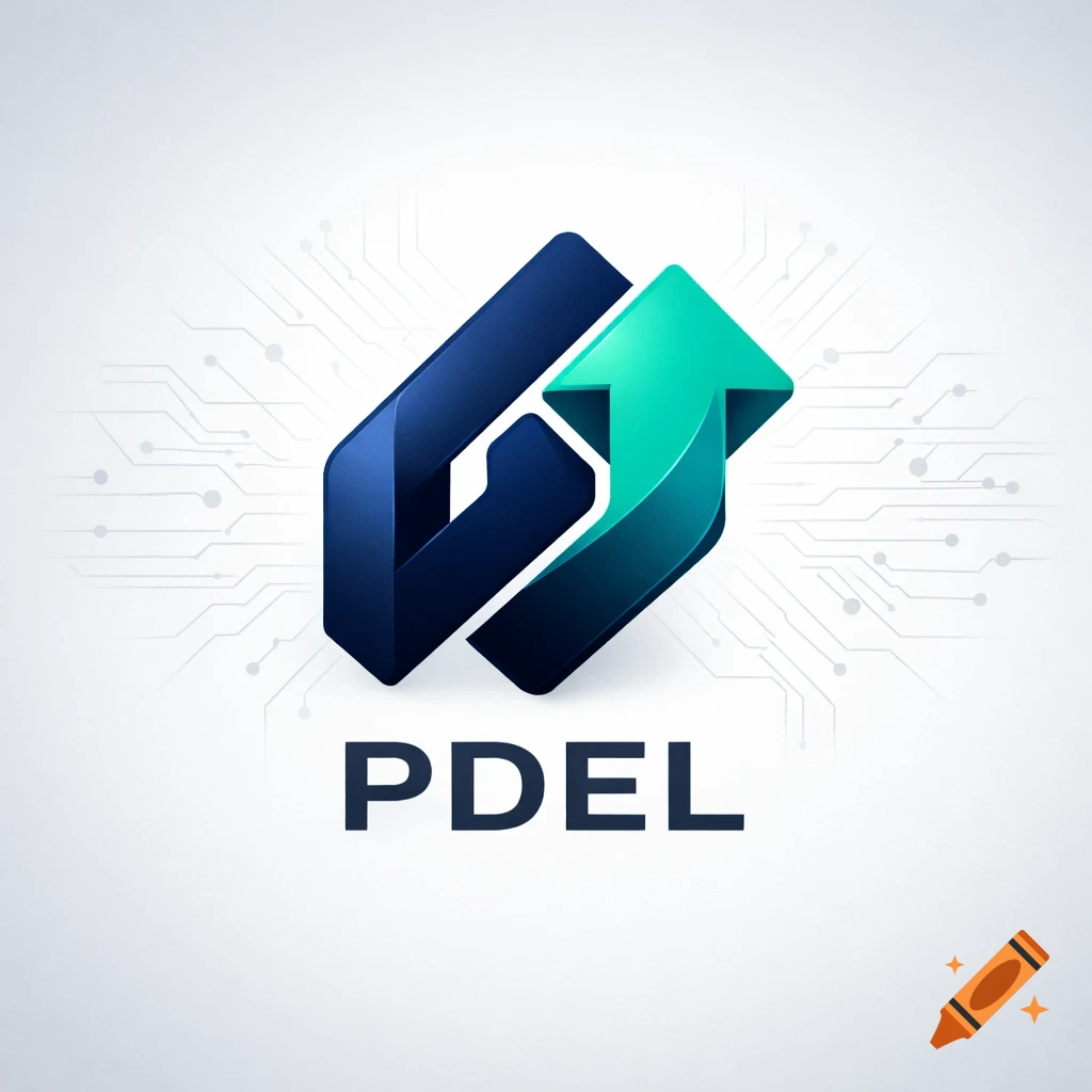 A modern corporate logo for PDEL featuring a dark blue intertwined shape and a teal-green arrow pointing upwards on a light background with subtle circuit patterns.
