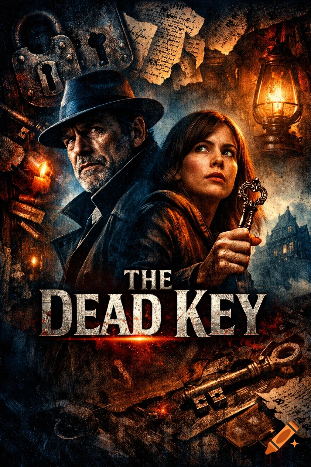 Movie poster for 'The Dead Key' featuring a man in a fedora and a woman holding an ornate key, set against a dark, mysterious backdrop with locks and lanterns.