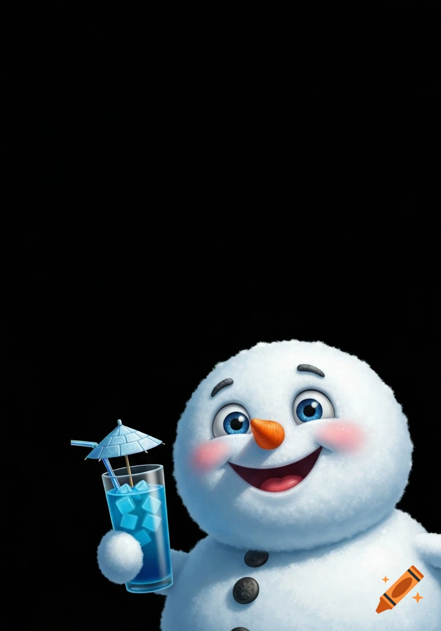 A cute cartoon snowman with large blue eyes and rosy cheeks smiles while holding a blue iced drink with an igloo-shaped umbrella against a black background.