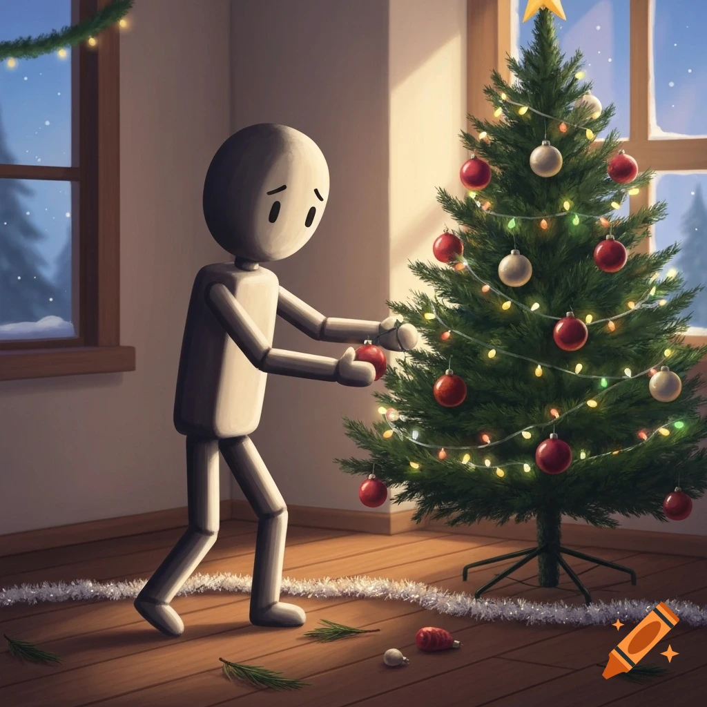 A sad stick-figure character undecorates a Christmas tree, with fallen ornaments on the floor, by a snowy window.