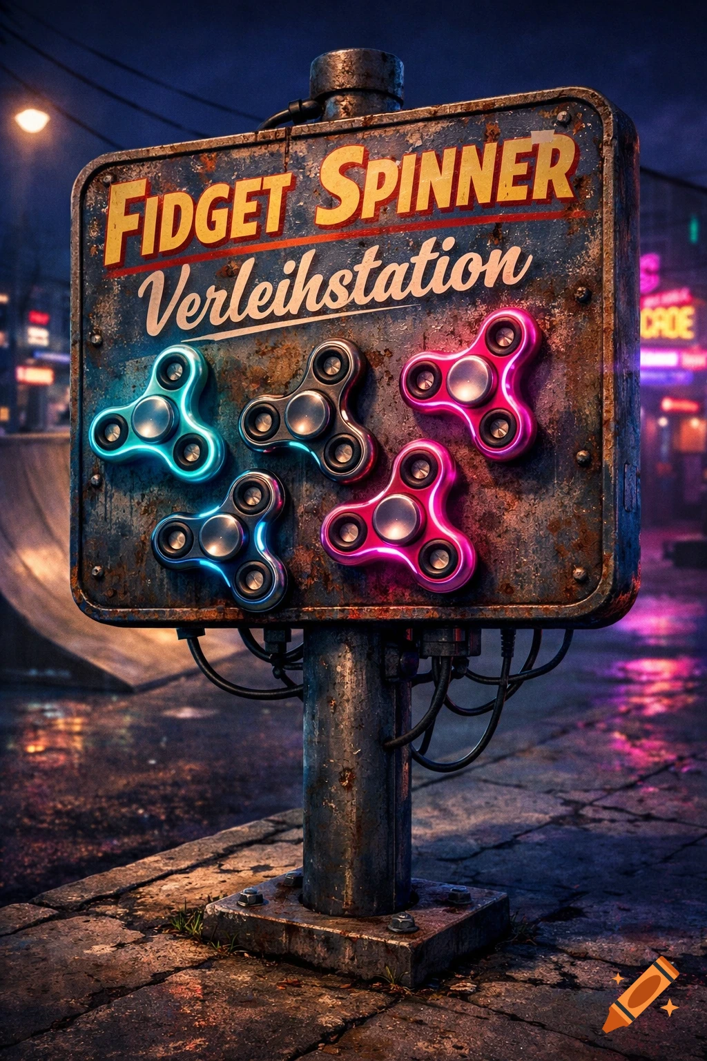 A rusty sign for a 'Fidget Spinner Rental Station' with five glowing fidget spinners in blue, grey, and pink, in a neon-lit urban alley at night.