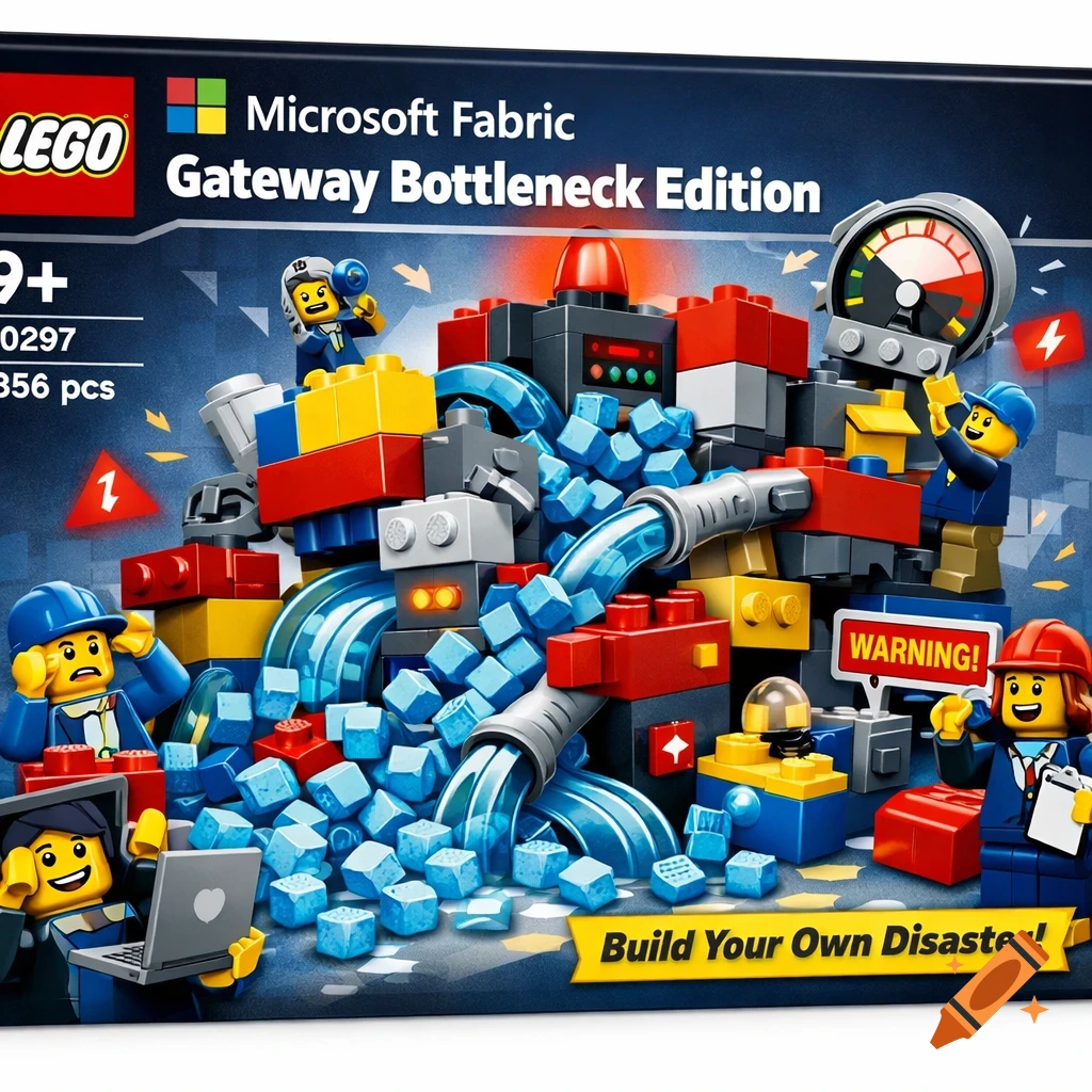 LEGO set box for 'Microsoft Fabric: Gateway Bottleneck Edition' depicting minifigures amidst a complex blue and red brick bottleneck.