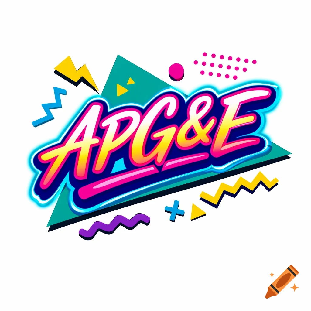 A vibrant 90s-style logo features bold, neon "APG&E" text with geometric shapes and a bright color palette on a white background.