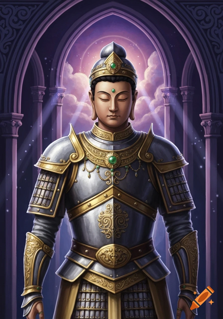 A meditating Bodhisattva in ornate silver and gold armor stands under purple archways, glowing with spiritual light.