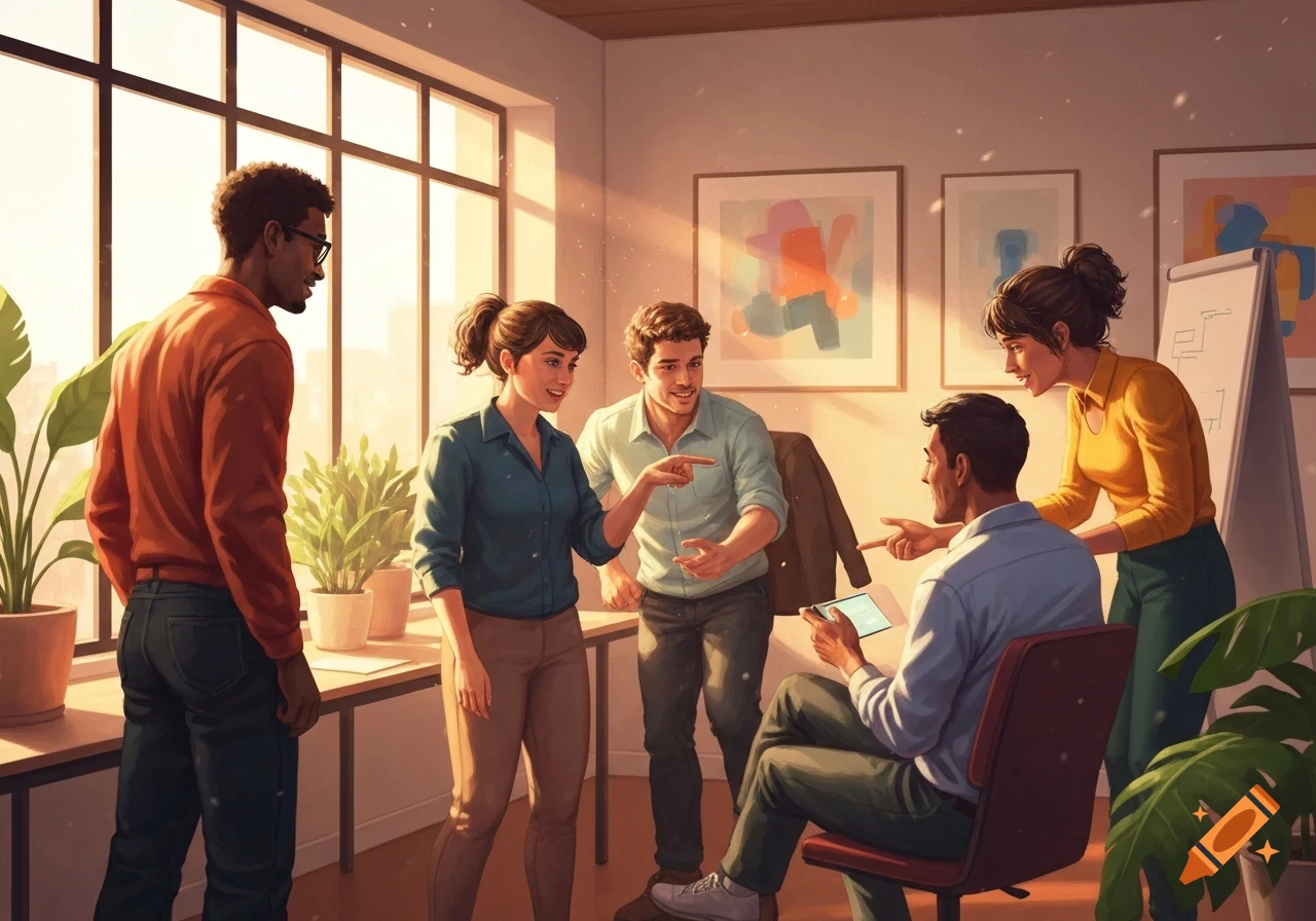 A diverse group of five people collaborating and discussing in a sunlit modern office, in a stylized illustration.