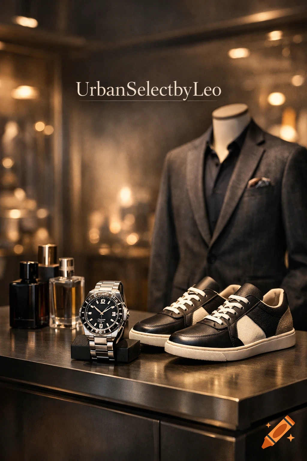 A sophisticated retail display with men's accessories: a watch, sneakers, and cologne bottles on a counter, with a suit on a mannequin, branded UrbanSelectbyLeo.
