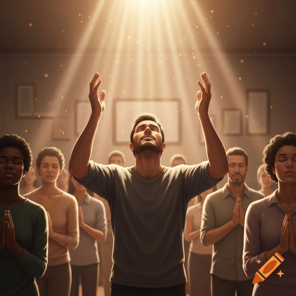A diverse group of people in a spiritual gathering, with a man in the foreground raising his arms towards a bright light from above, while others pray with clasped hands.