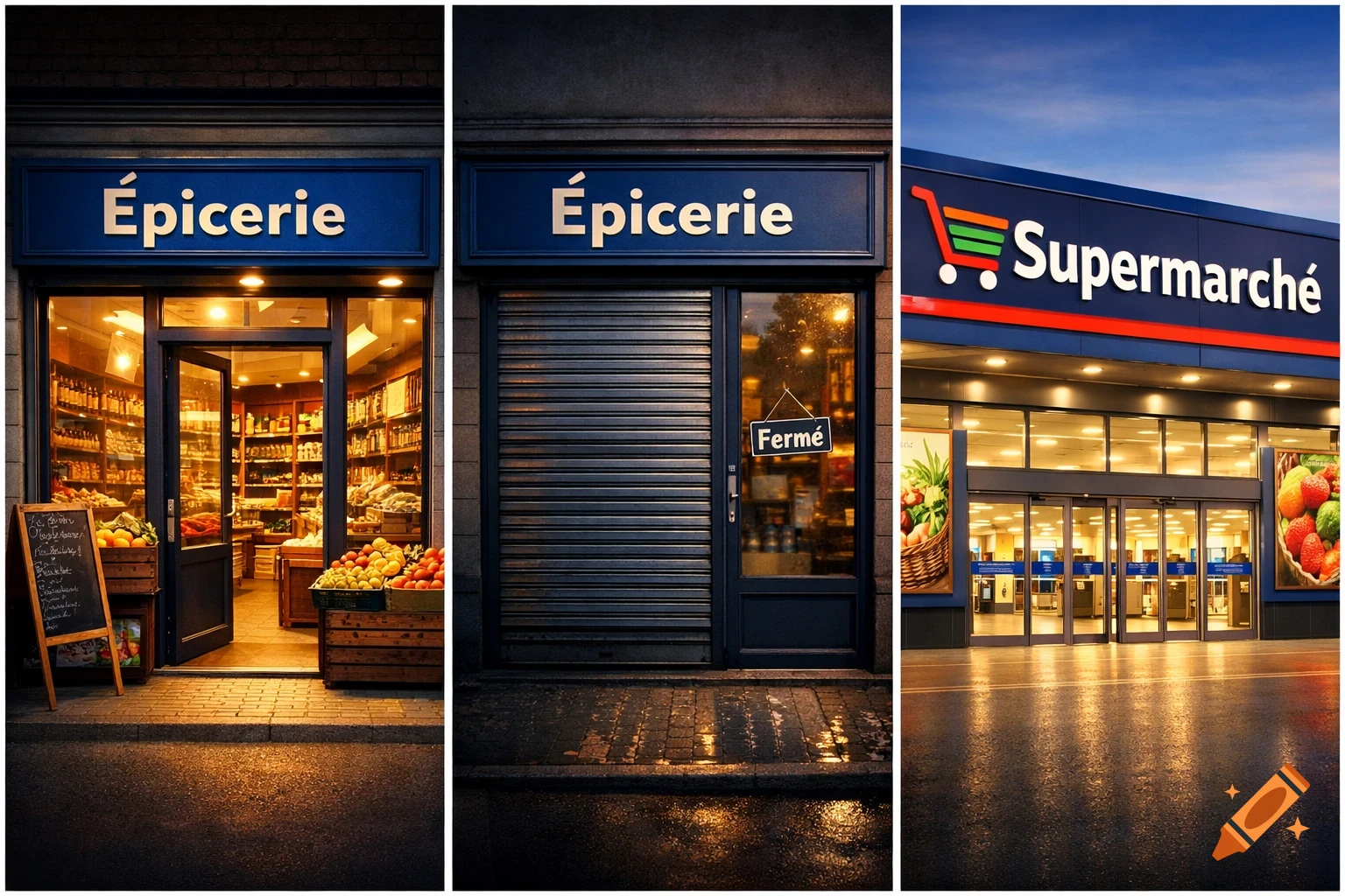 Three photorealistic panels show an open grocery, a closed grocery with a 'Fermé' sign, and a large supermarket.