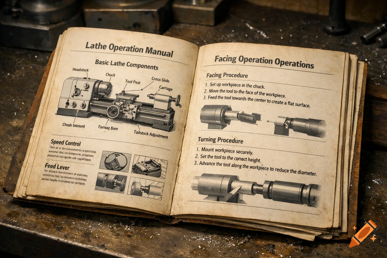 An open vintage-style "Lathe Operation Manual" on a dusty workbench, showing diagrams of lathe components and operation procedures.