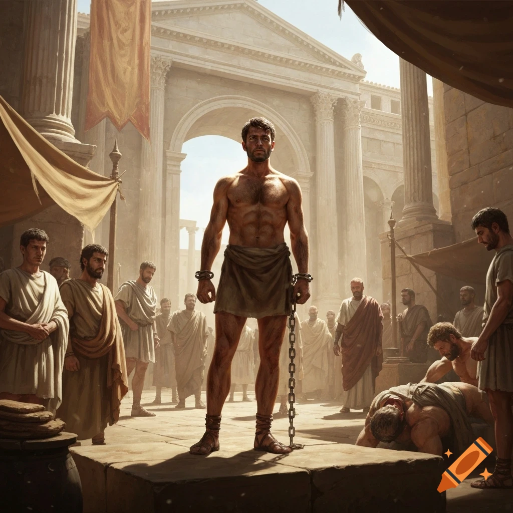 A muscular, shirtless man in a loincloth stands chained on a platform in a Roman market, surrounded by other men and classical architecture.