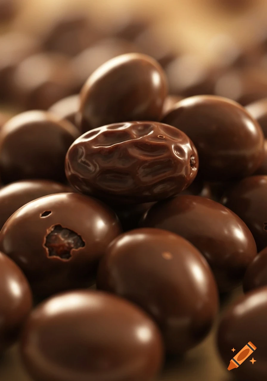 A close-up, appetizing shot of chocolate-covered raisins piled together with a shallow depth of field.
