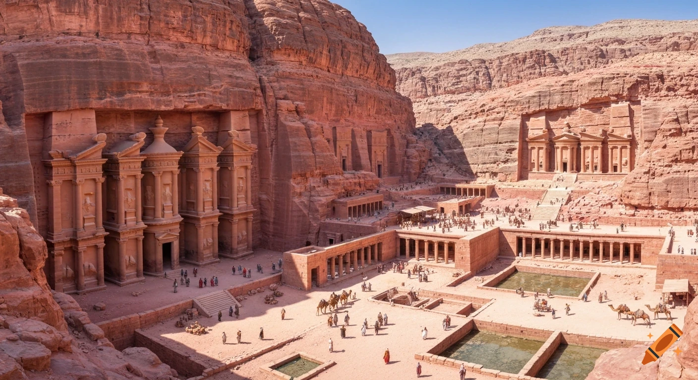Panoramic view of the ancient city of Petra carved into towering red sandstone cliffs, with temples, structures, people, and camels.