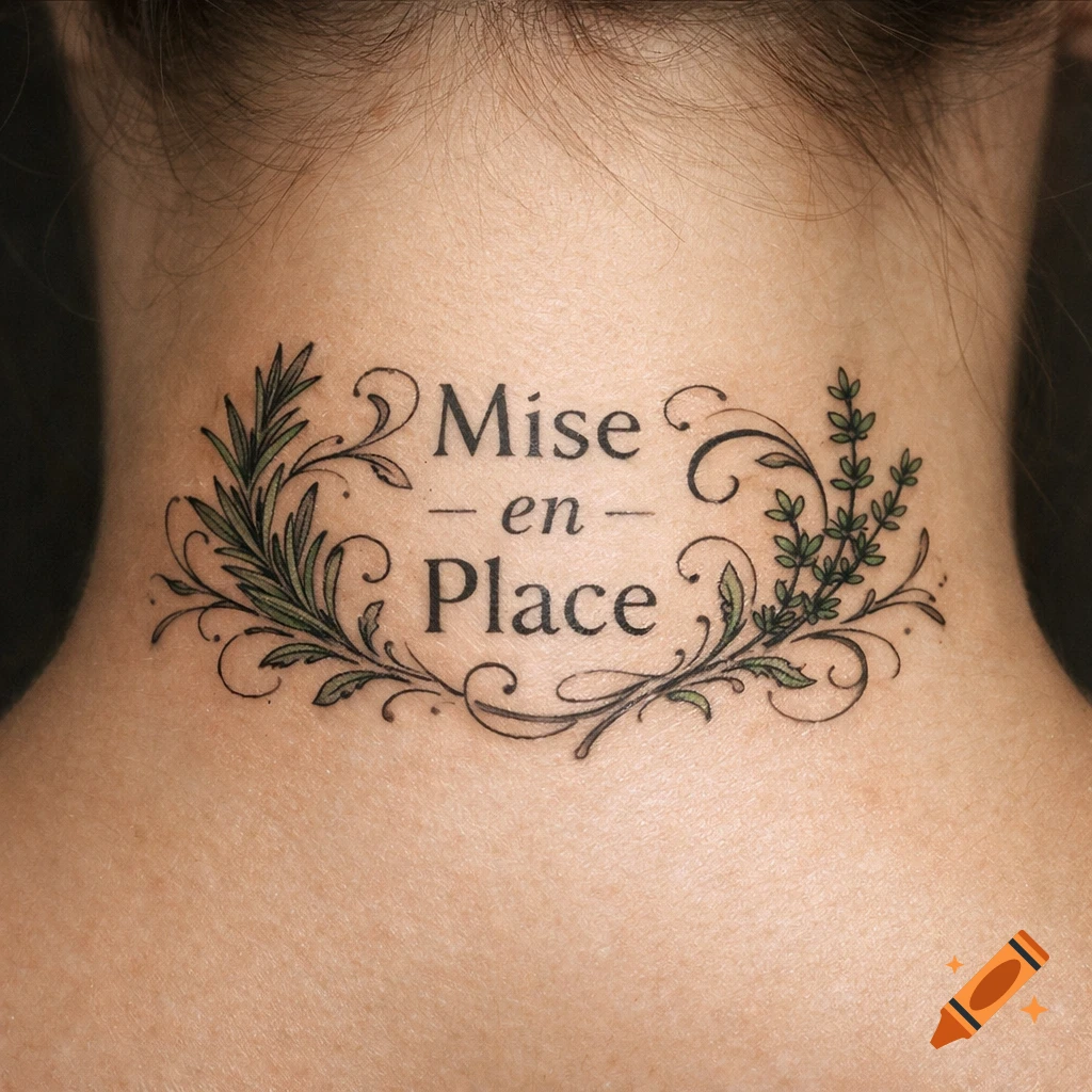 A tattoo on the back of a neck with the words 'Mise en Place' framed by green botanical scrollwork.