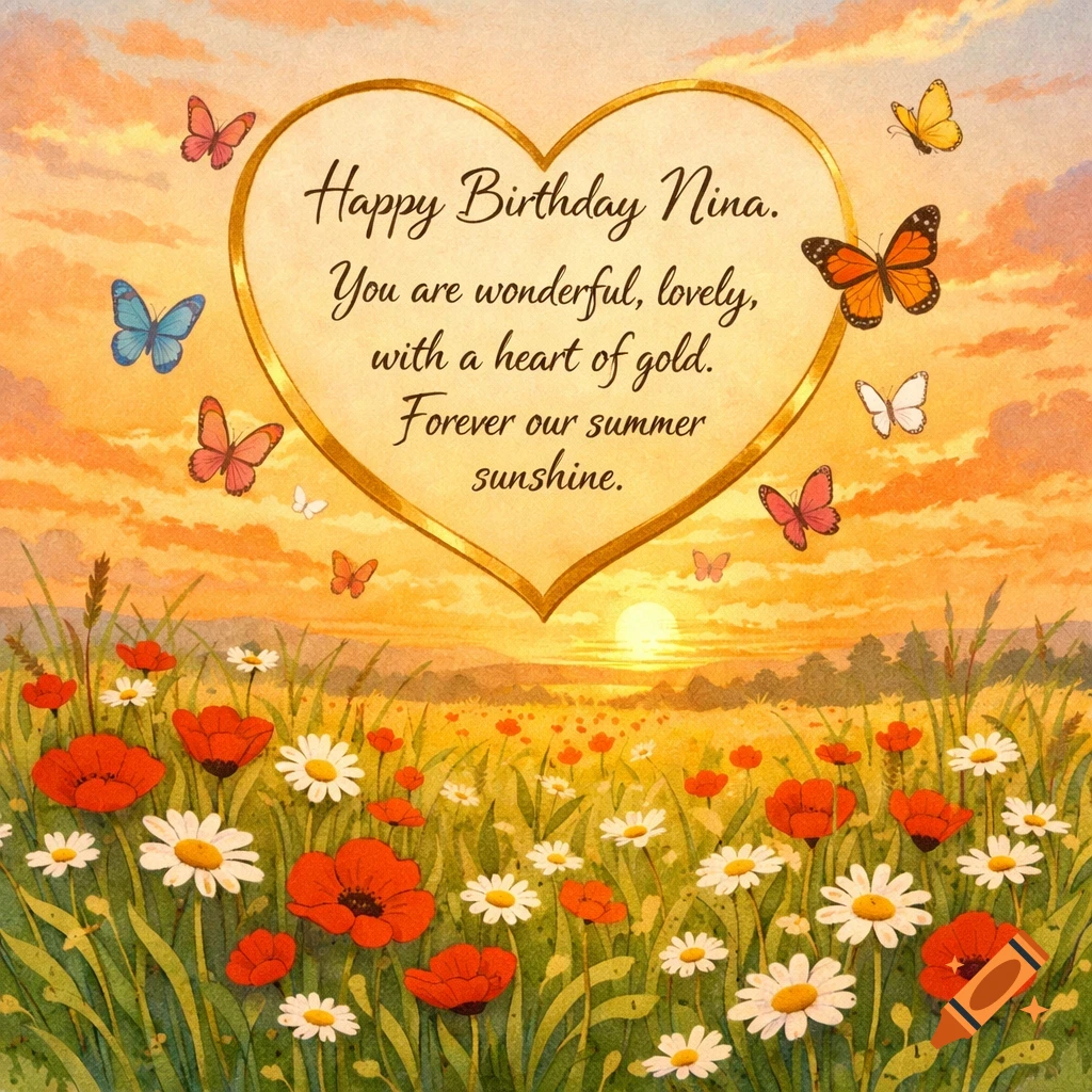 A hand-drawn golden heart with birthday wishes for Nina, floating above a field of poppies and daisies at sunset, with butterflies.