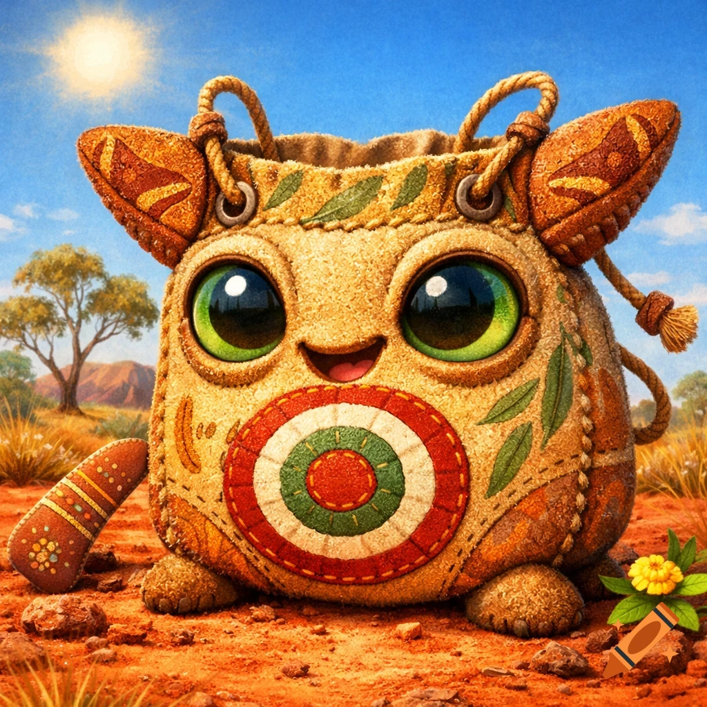 A cute, round, plush-like creature with large green eyes and a target design on its chest stands in a red desert under a sunny blue sky.
