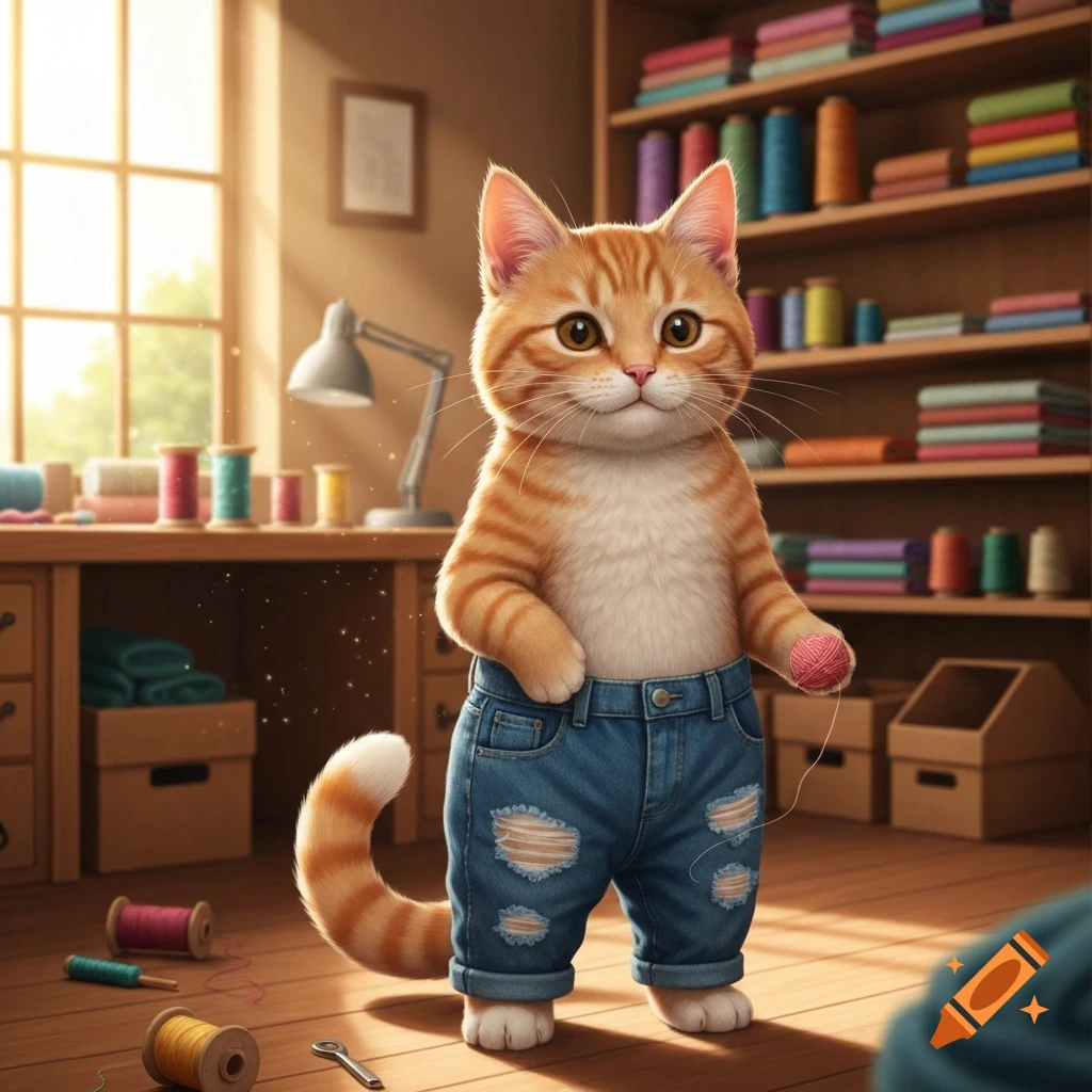 Cartoon orange tabby cat in ripped blue jeans holding pink yarn in a sunny craft room with shelves of thread.