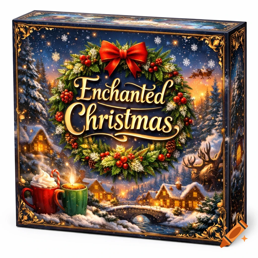 A vibrant, festive Christmas-themed board game box titled 'Enchanted Christmas' with a wreath, snowy village, and hot cocoa mugs.