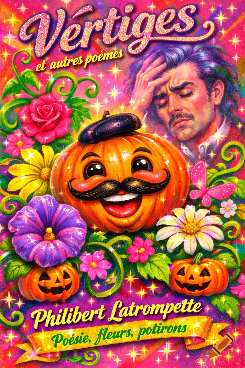 A colorful, kitsch book cover with glittery text 'Vertiges et autres poèmes', a pained man, a smiling pumpkin with a beret, flowers, and smaller jack-o'-lanterns.