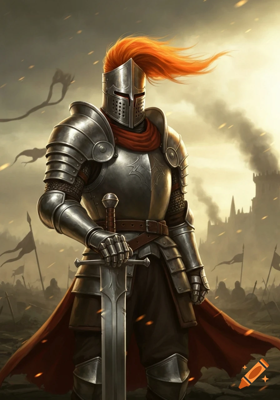 A knight in full silver armor with an orange plume holds a sword on a smoky battlefield, castle in the background.
