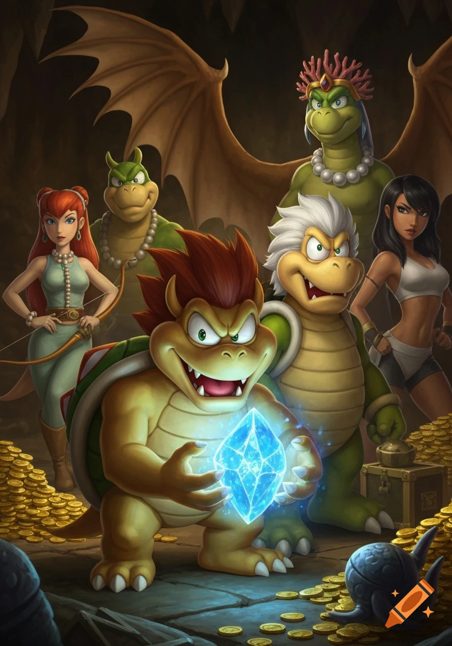A group of stylized fantasy characters, including various Koopa-like creatures and two women, stand in a dark, treasure-filled cave. A character resembling Iggy Koopa holds a glowing blue crystal.