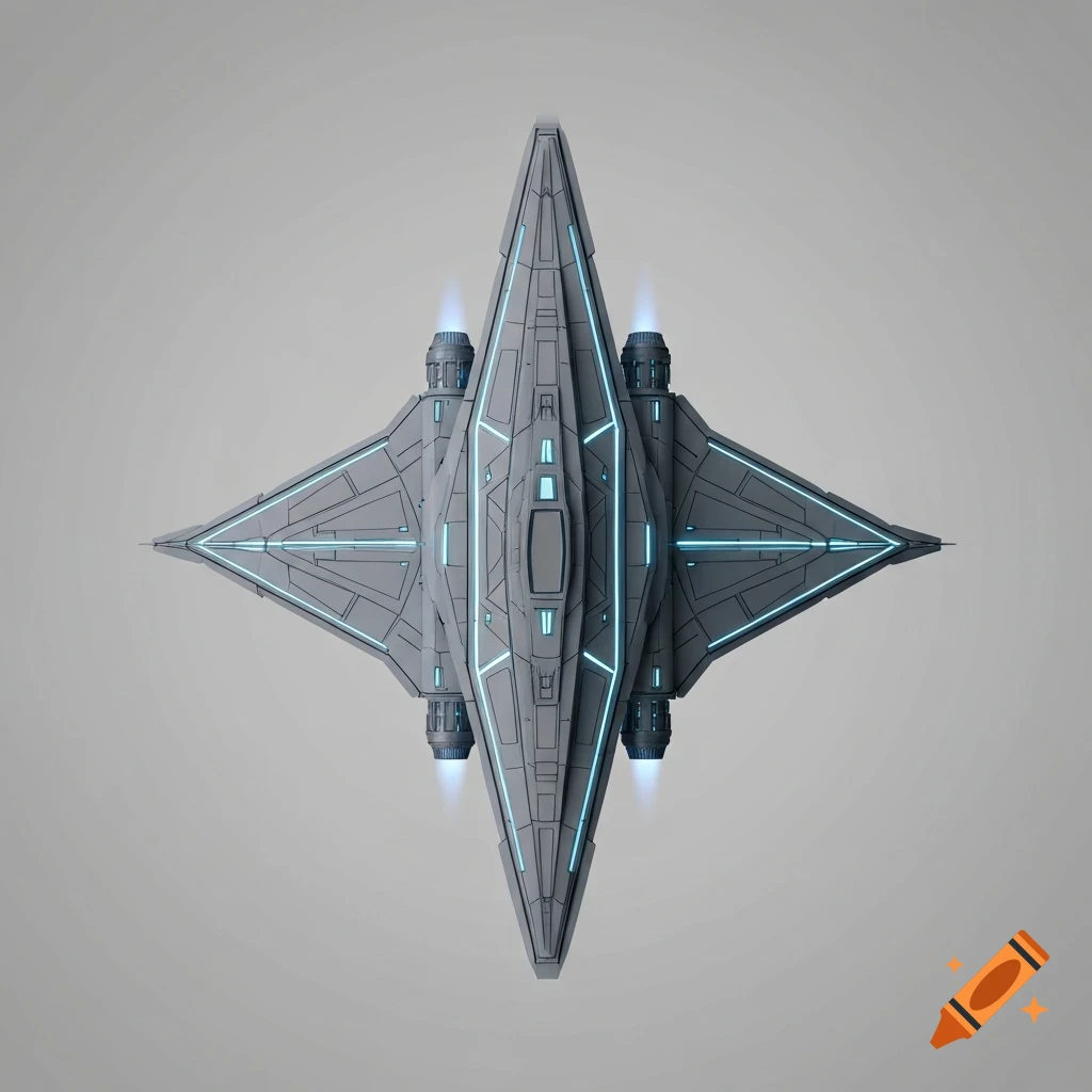 A top-down view of a grey futuristic spaceship with sharp angles and glowing blue accents, against a light grey background.