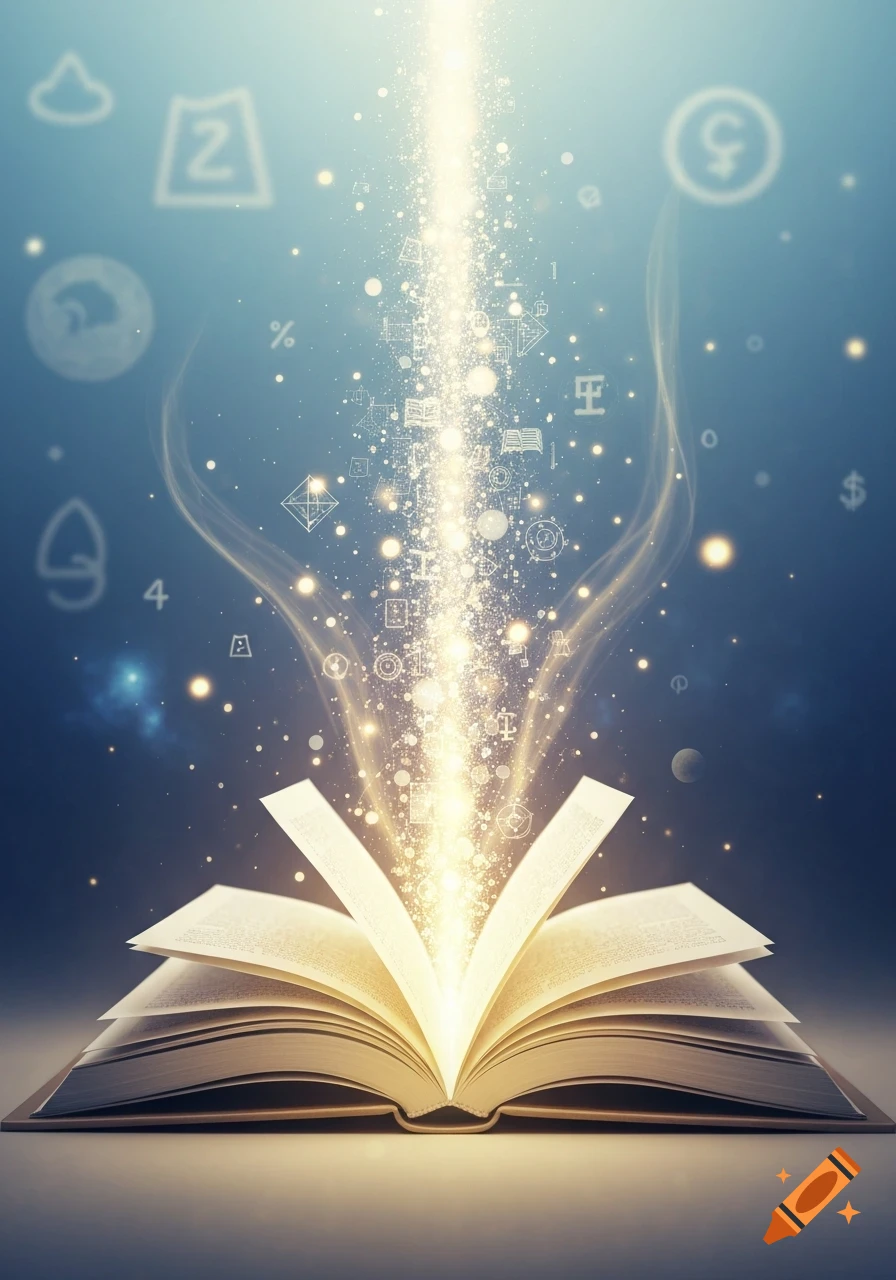 An open book with glowing light and abstract symbols rising from its pages into a blue background, representing knowledge.