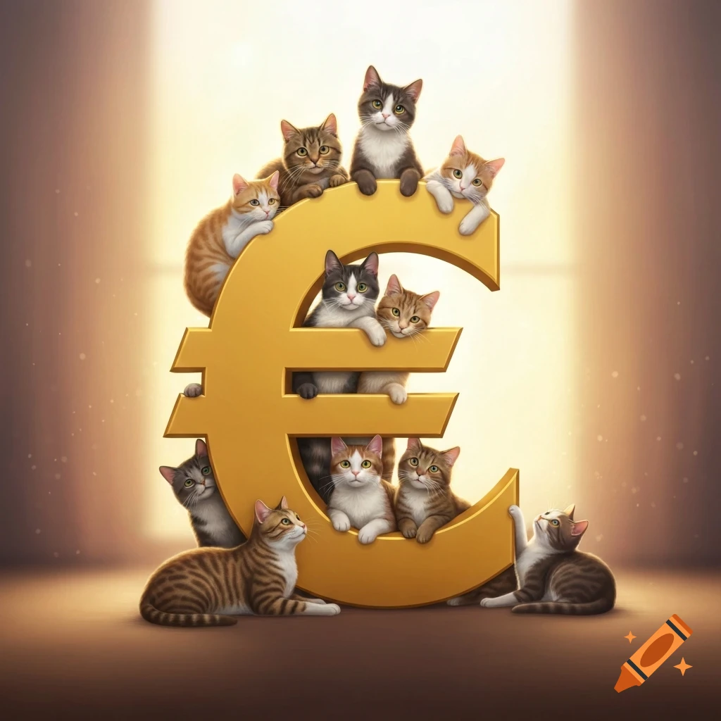 Numerous fluffy cats playfully posing on and around a large golden Euro symbol in a photorealistic style.