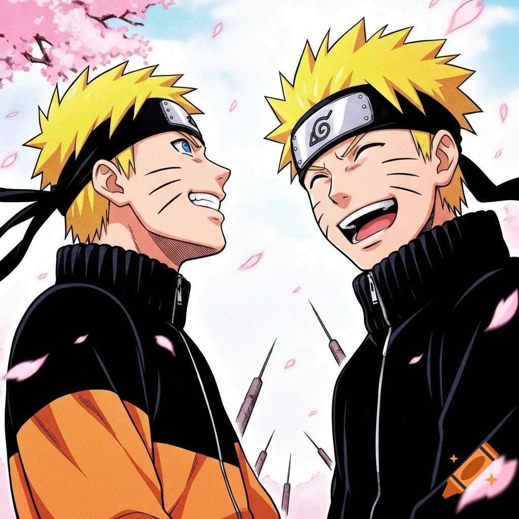 Two anime characters with spiky blonde hair, black headbands, and black and orange jackets laugh under a cherry blossom tree with falling petals.